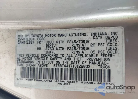 2001 Toyota Tundra Sr5 V8 from USA, damaged, VIN 5TBBT44171S126602